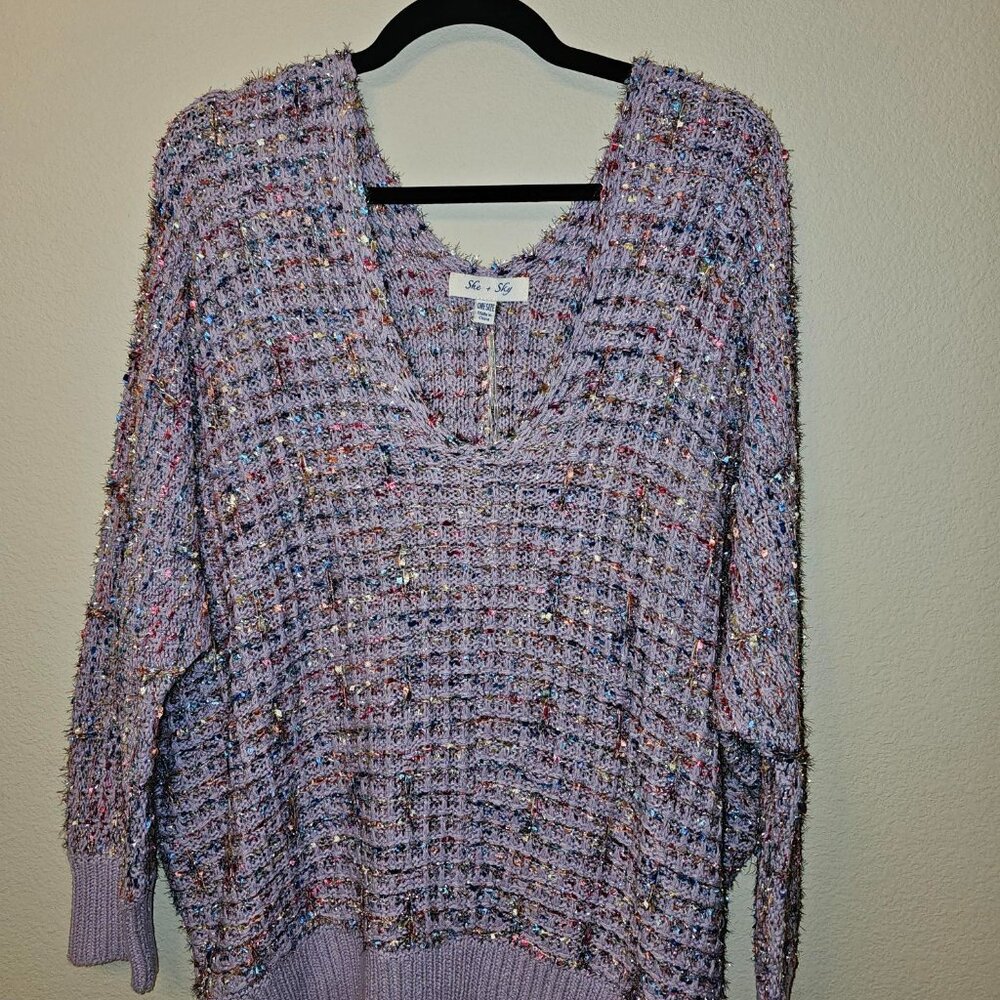 SHE + SKY ONE SIZE NEW W TAG LILAC PURPLE SWEATER WITH SPARKLY COLORS THROUGHOUT